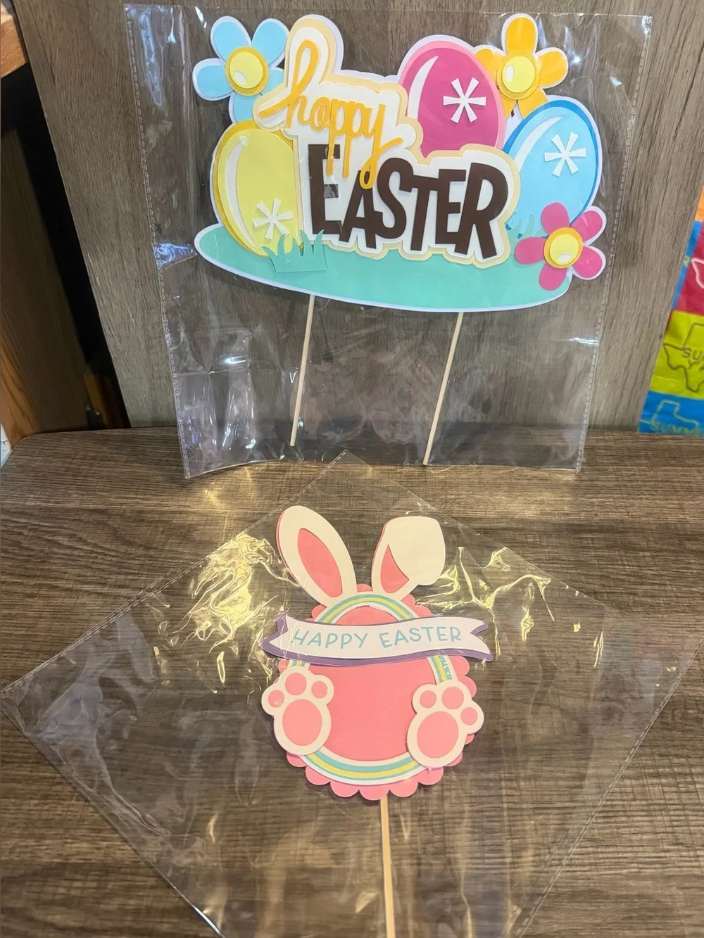 2 pack - Handmade Happy Easter Party Picks - Pink & Multi-Color Cake Toppers